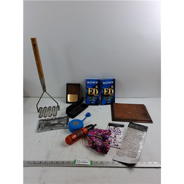 Large Potato Masher, Portable Speaker, 60Min Cassette Tapes, (2) Rhinestone Packs, Misc