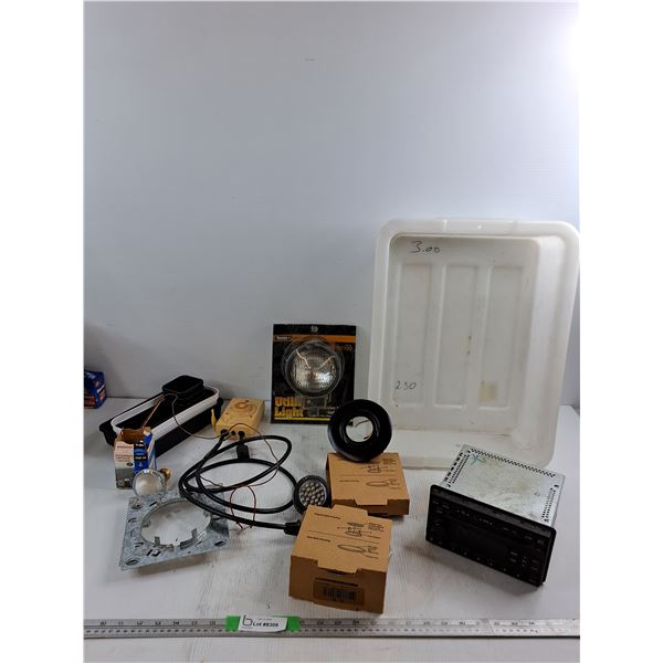 (2) LED Ceiling Puck Lights, Utility/fog Lights, Car Stereo Head Unit, Misc