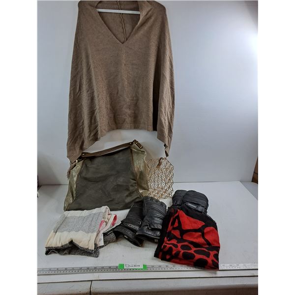 Poncho, (2) Pairs Of Gloves, Scarfs, Womens Purse, Wire Storage Box
