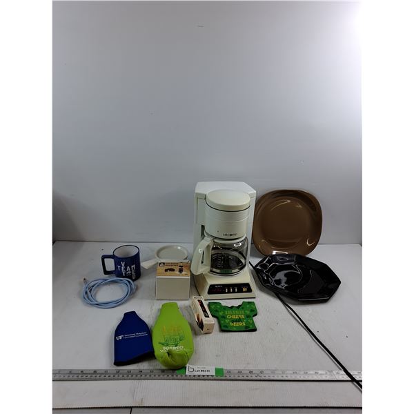 Coffee Machine, Drink Koozies, Mug, Wine Markers, (2) Plates 10.5", Misc
