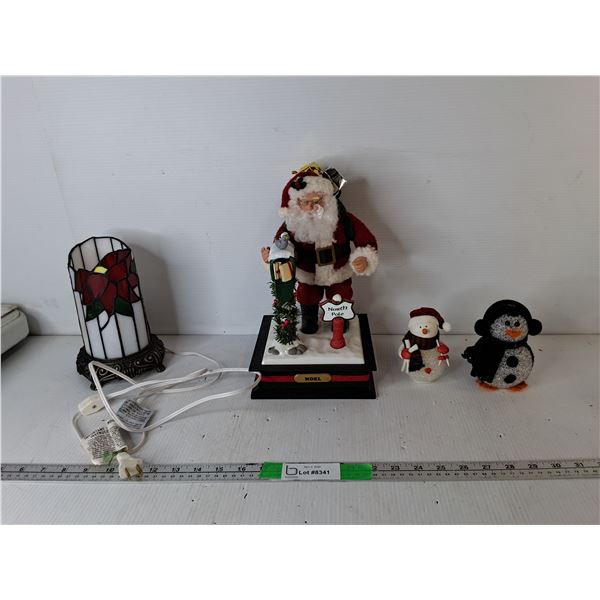 Animated/Musical Santa- As Is, Poinsettia Lamp- Powers On, Lightup Penguin/Santa Figurines- As Is