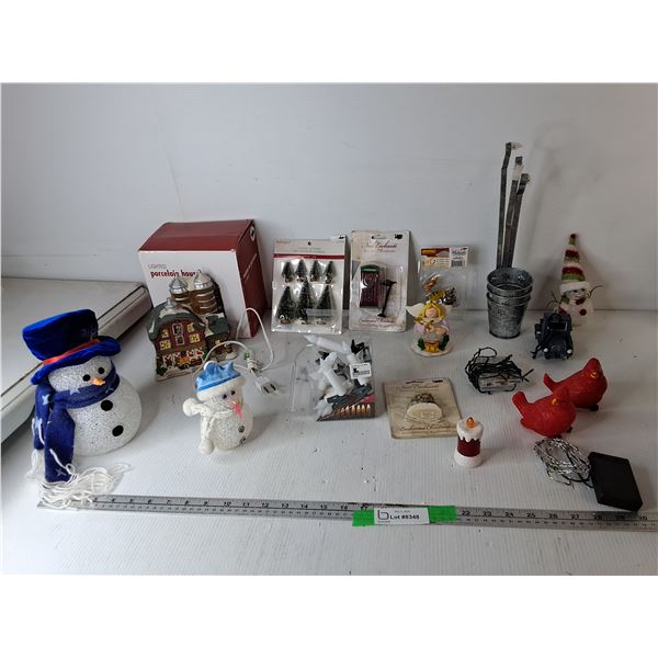 Christmas Lot- Lightup Snowman Figurines, As Is, Lighted Porcelain House- Powers On, String Lights-A