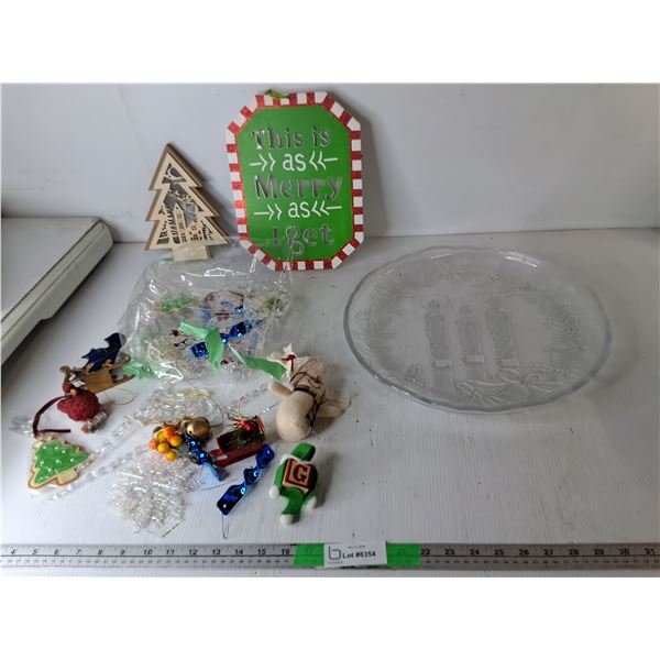 Christmas Lot- Glass Candle Themed Serving Plate 15", Tree Ornaments, Lightup Signs