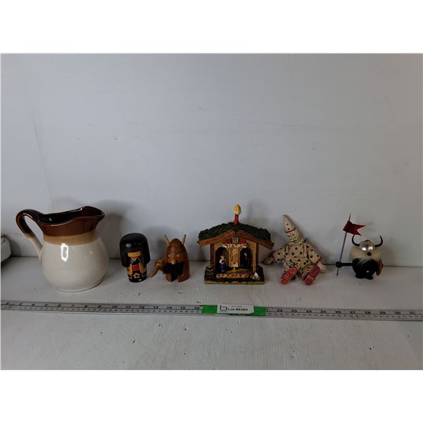 Wooden Viking Figurines, Stoneware Creamer 6", Dutch Style Weather Station, Misc.