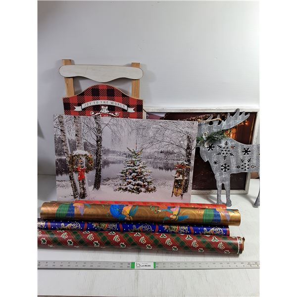 Lot of assorted Christmas Decor Pictures & (5) Partial Rolls of Wrapping Paper