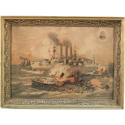 Original 1898 Print - The Destruction of Admiral Cerver