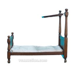 Early Wooden 4 Post Doll Bed w/ Rare Wooden Canopy