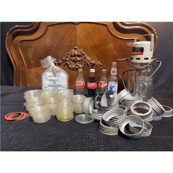 Lot: Gem Dandy Churn, Bernardin Jar Rings, Glass Lids, Vintage Soda Bottles