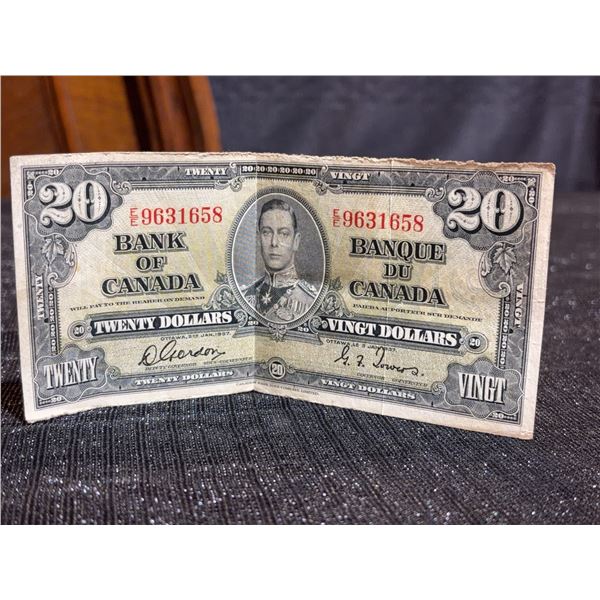 1937 Bank of Canada $20 Bill E/9631658 King George VI Bilingual Note