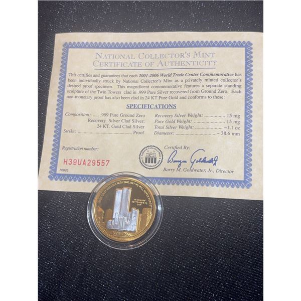 2001-2006 World Trade Center Commemorative Coin, 24K Gold Clad, Certificate Included