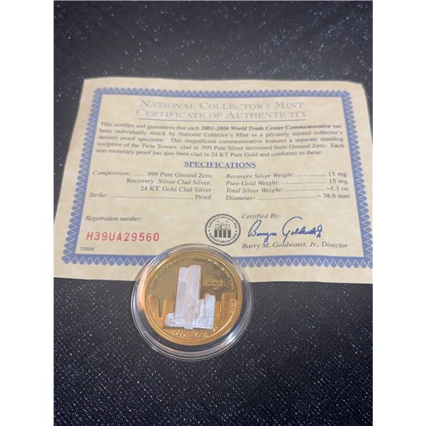 2001-2006 WTC Commemorative Coin .999 Silver & 24KT Gold, COA, Twin Towers Design