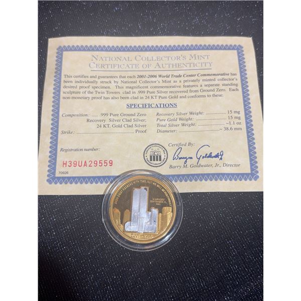 2001-2006 World Trade Center Commemorative Coin .999 Silver, 24K Gold Clad, COA