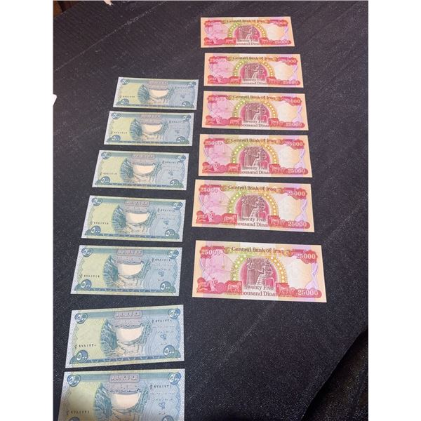 Iraqi Dinar Banknote Collection: 5 x 25,000 Dinar and 5 x 10,000 Dinar with COA