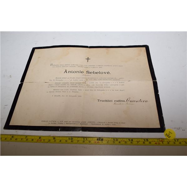 1893 Pre-Czech Bohemia Funeral Card Broadside (Prague, Austro-Hungarian Empire)