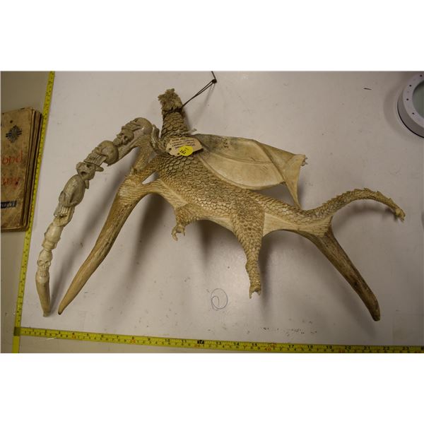 Fabulous Custom Carved Stag Horn/Antler w/ Gothic Dragon & Skull Design