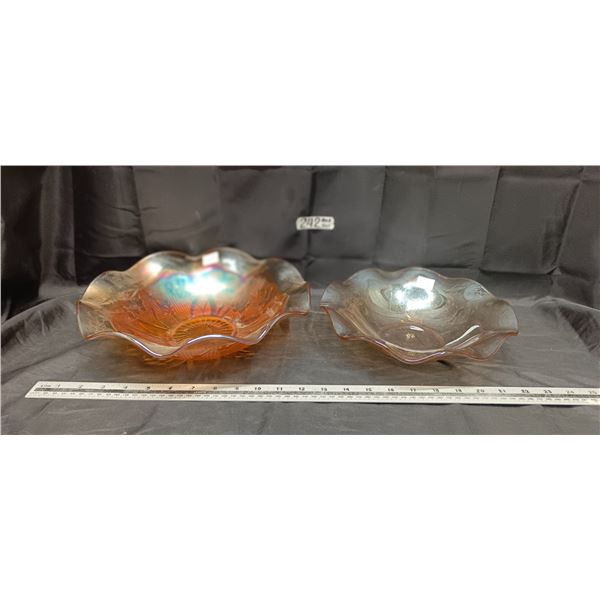 (2) Large Depression Glass Bowls (Flora Gold and Iris & Herringbone)