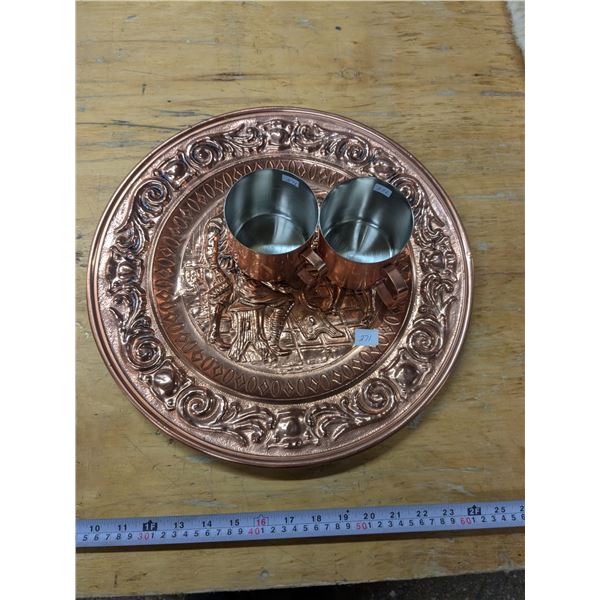 Copper Plate & (2) Copper Mugs
