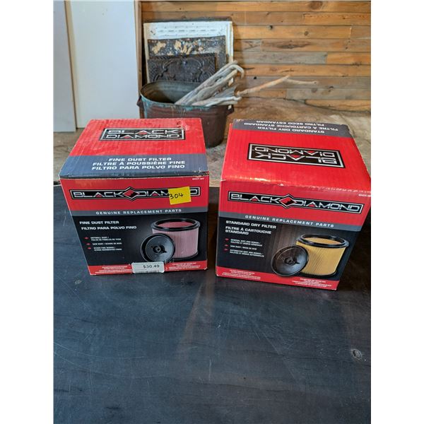 Two new Black Diamond replacement filters for wet/dry shop vacuums. One standard, one for fine dust.