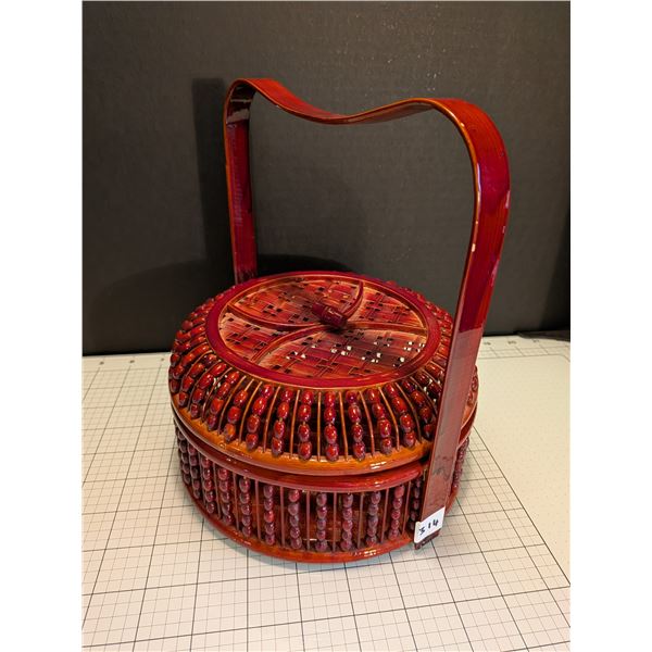Red lacquered beaded and woven bamboo basket with separate lid.