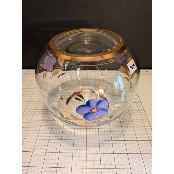 Vintage bohemian glass painted pansies bowl.