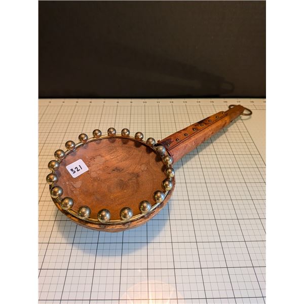 Unidentified wood and leather handcraft made in Spain, with handle.