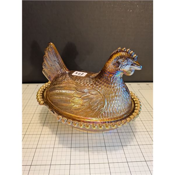 Damaged carnival glass Hen on Nest lidded dish, measuring about 7 inches. Top is mint condition, bot