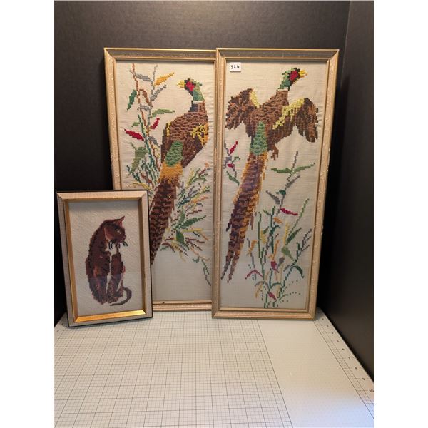 Three hand-stitched pieces: pair of ring-necked pheasants and a cat. Larger pair about 22 inches lon