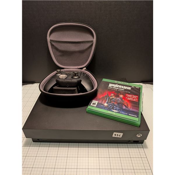 Xbox One X 1 TB console. Working great, but comes with no cords (just what's in picture). Also, old 