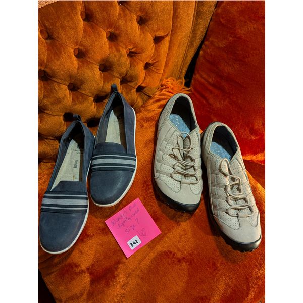 Women’s casual shoes, size 7. Navy boat shoe, cream leather slip-on runners.