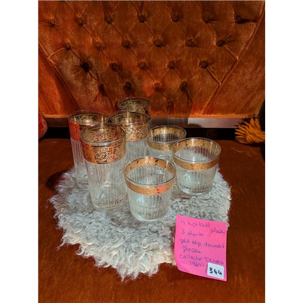 Culver vintage mid-century modern gold band/trim vertical cut highball and lowball glasses. 4 High, 