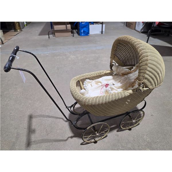 Antique Wicker Doll Stroller w/ Doll