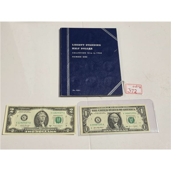 SUA half dollar book with 2 coins (1973, 1976), $1 bill (2021) and $2 bill (2007)