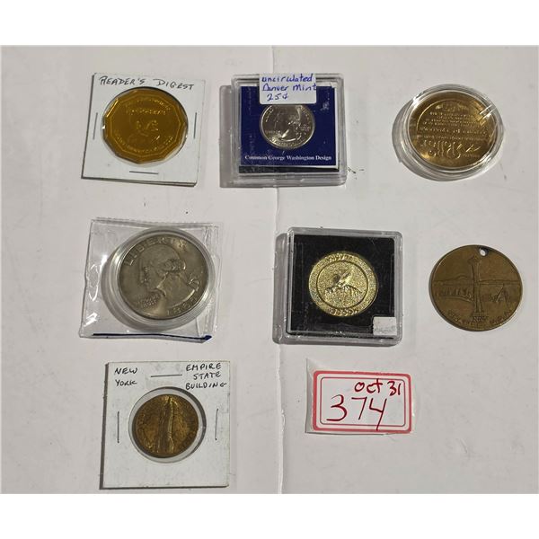 assorted tokens, 2000 USA quarter and repro liberty dollar