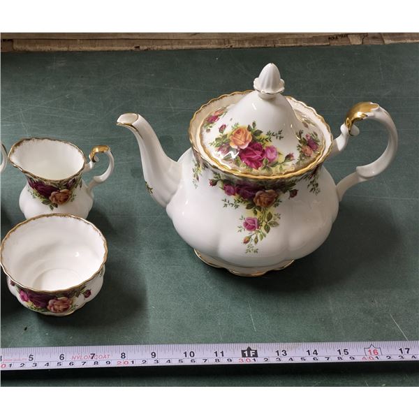 Royal Albert Old Country Roses Bone China Teapot w/ Cream & Sugar Set