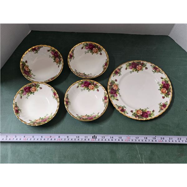 Royal Albert Old Country Roses Bone China 8” Plate & (4) 5.5” Bowls