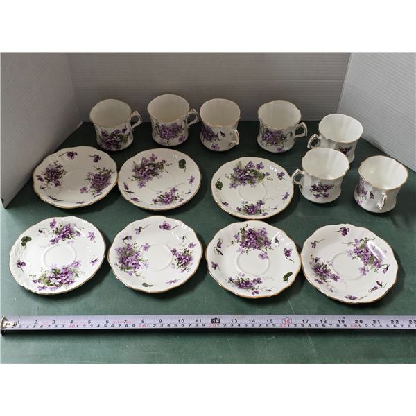 (7) Victorian Violets Bone China Cup & Saucer Sets