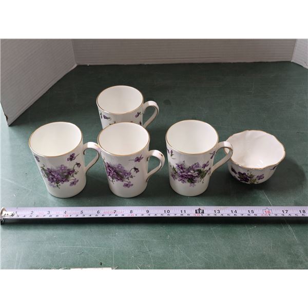 (4) Victorian Violets Bone China Mugs & Sugar Bowl