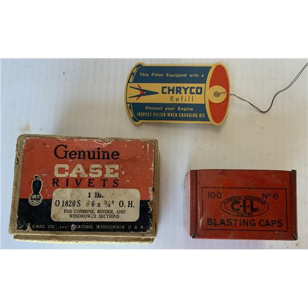 Chryco Oil Change Tag and CIL Blasting Cap Box and case Parts Box