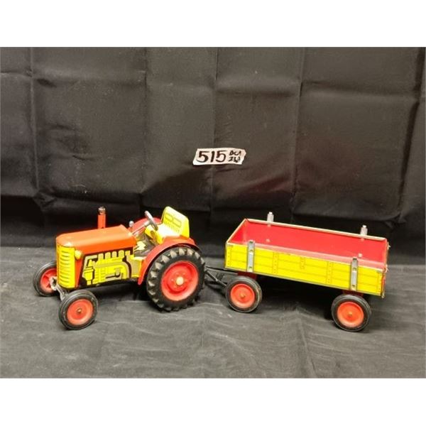 Vintage Toy Tin Tractor & Trailer