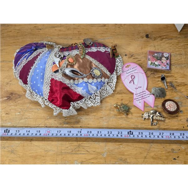 Pin Cushion w/ Assorted Pins and Brooches
