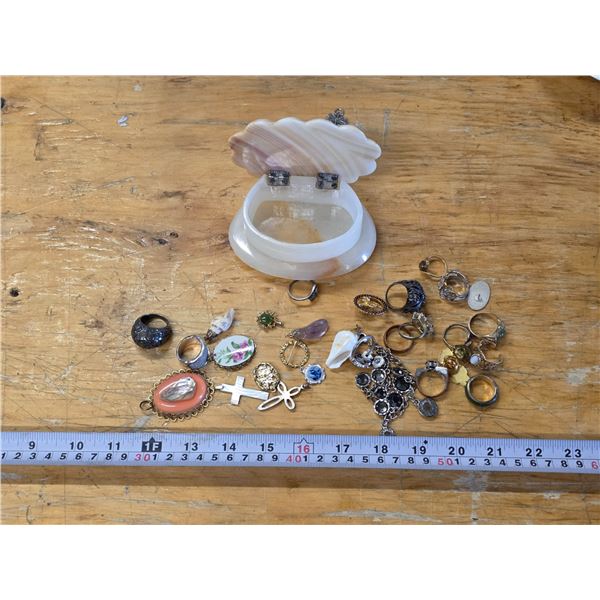 Small Marbled Jewelry Box w/ Fashion Rings, etc.