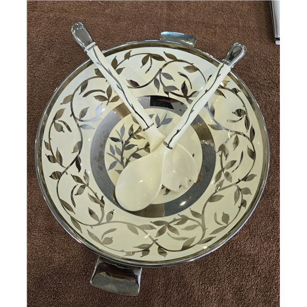Vintage 1954 Myott Son & Co. Ltd. old silver lustre 9" serving bowl and utensils.  Made in England. 