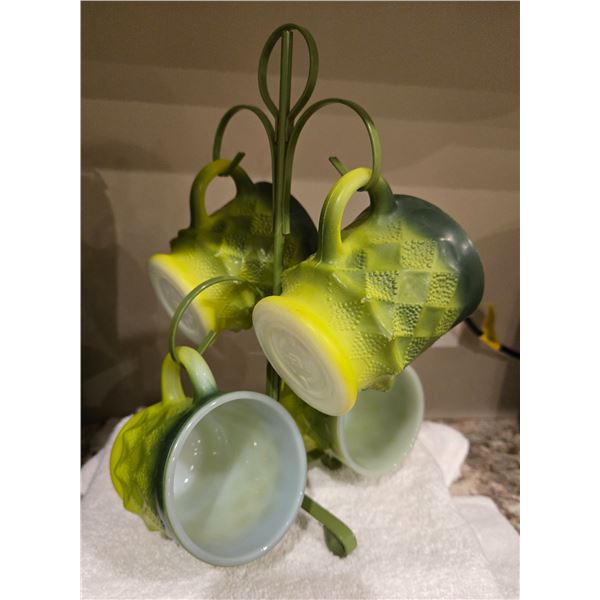 Set of 4 vintage Anchor Hocking Fire King coffee mugs. Green Kimberly Diamond pattern with green mug