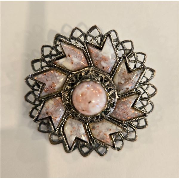1970 vintage silver tone metal brooch with matching screw back earrings. Filigree, pink tone opal gl