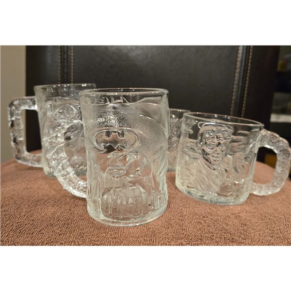Vintage 1995 McDonalds Batman Forever embossed mugs.  Complete set of 4 - Batman, Robin, Riddler and
