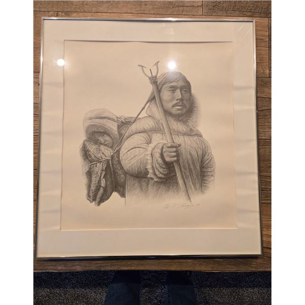 1977 Limited edition charcoal print, titled Father & Child Going Fishing by artist Lorenzo Fracchett
