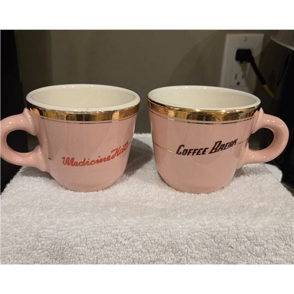 (2) vintage pink & gold coffee mugs - Hycroft, Medicine Hat Potteries.  22k gold trim.