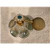 Image 1 : Vintage clear and greenish-tinted pressed glass perfume atomizer bottle.  Gold tone spray pump with 
