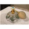 Image 2 : Vintage clear and greenish-tinted pressed glass perfume atomizer bottle.  Gold tone spray pump with 