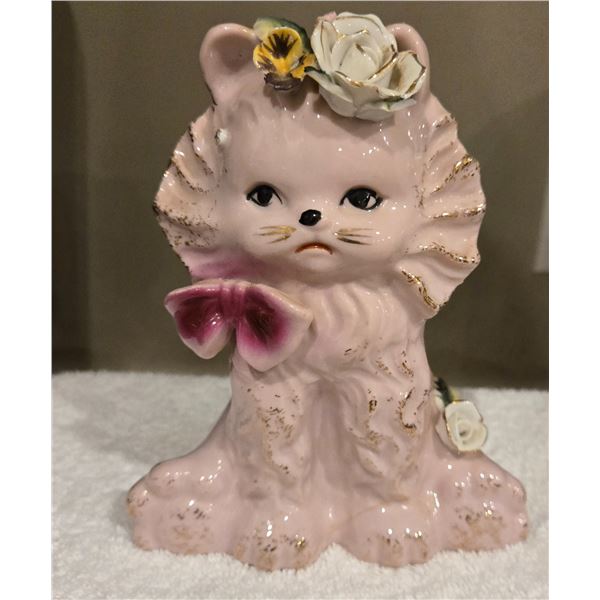 Vintage pink porcelain or ceramic cat planter from Japan.  Applied 3D flowers and gold gilt. 6" tall